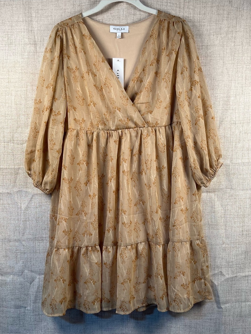 Gilli Mini Dress Tan Babydoll 3 Quarter Sleeves Flowy Fairy Floral Cross Front M